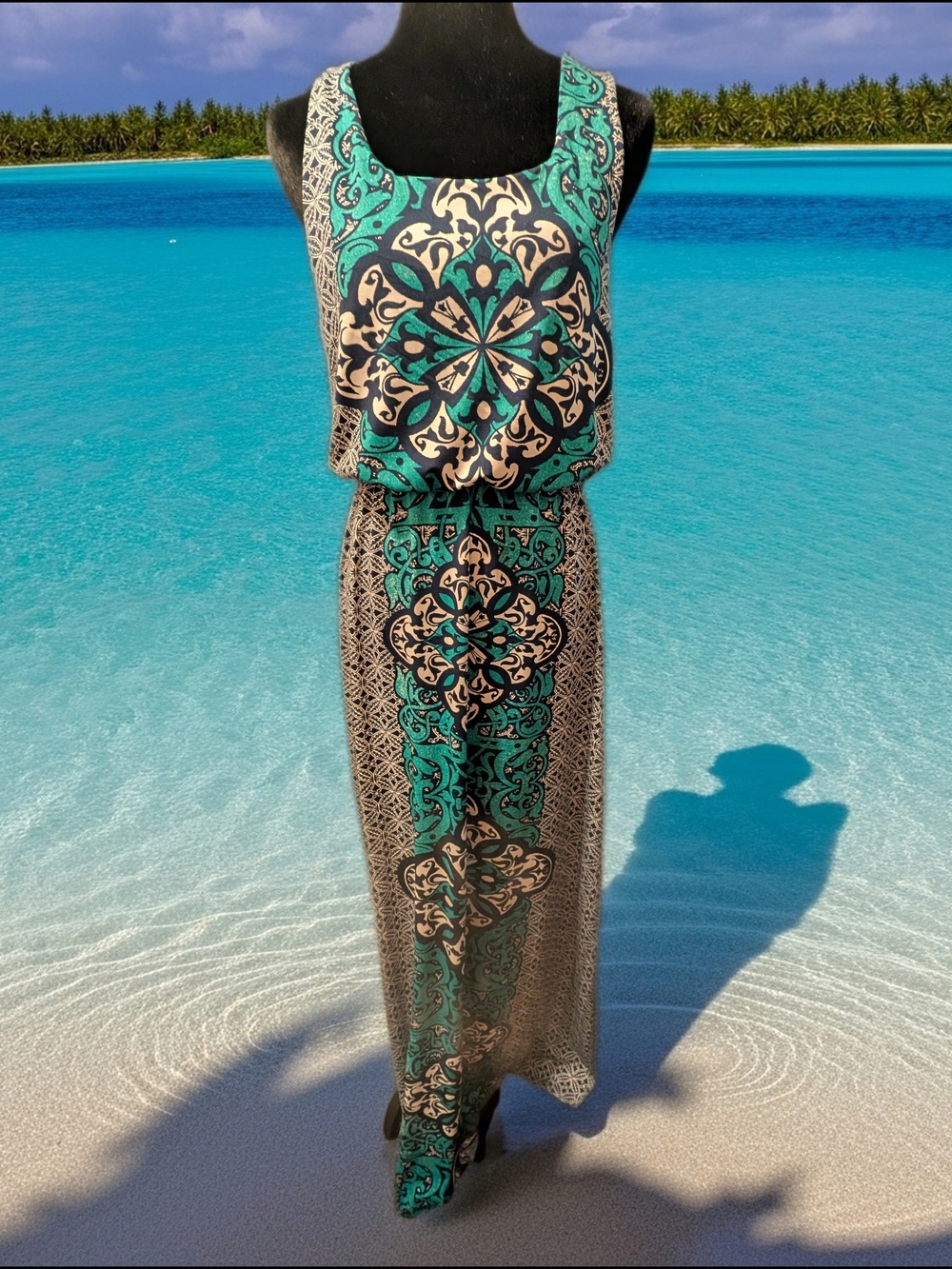 Women’s Teal and Cream Patterned Maxi Dress (A22)